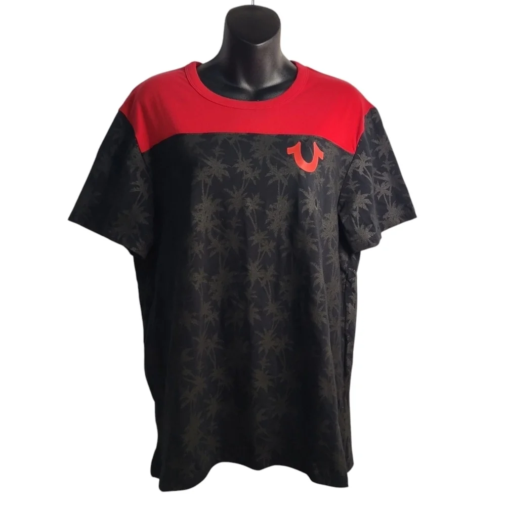 True Religion T-shirt Men’s Red Black Palm Tree Print Shortsleeve Size M NWOT
